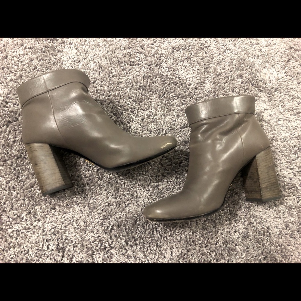 PRADA Gray Leather Booties with Buckle Detail - 39